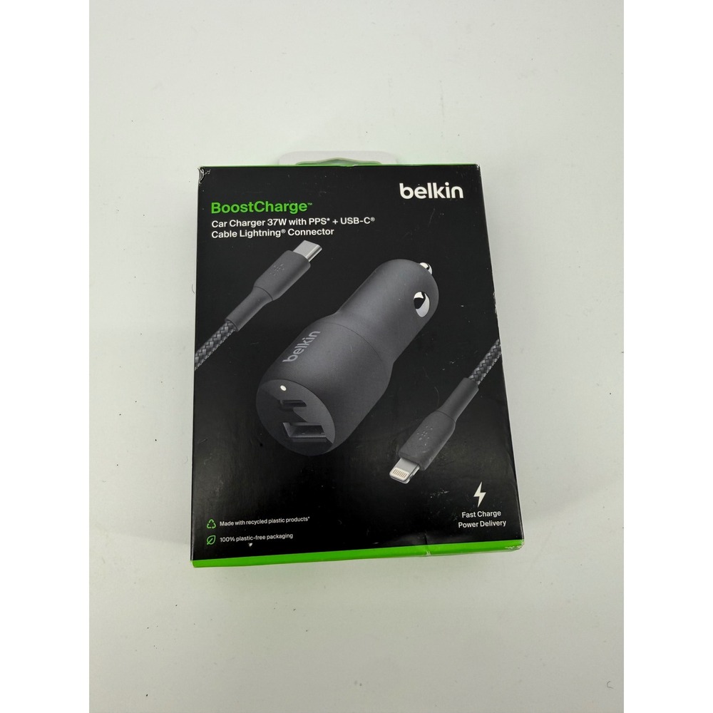 Belkin BoostChar 37W Dual Car Charger USB-C PPS USB-A with Lightning Cable Black
